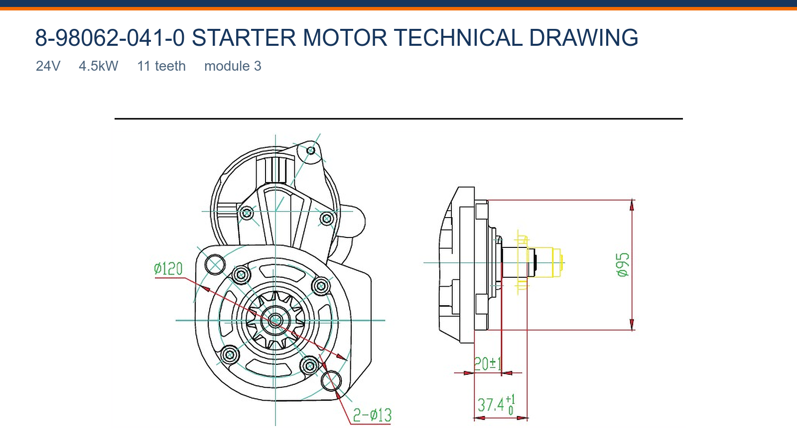 8-98062-041-0 Isuzu startmotor technische tekening 24V 4,5kW 11T