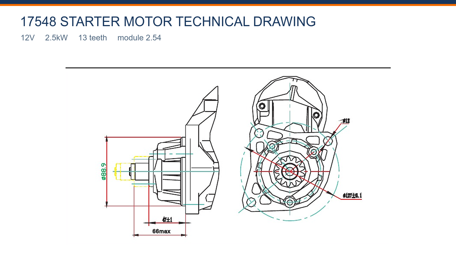 17548 Cummins starter motor technical drawing 12V 2.5kW 13T
