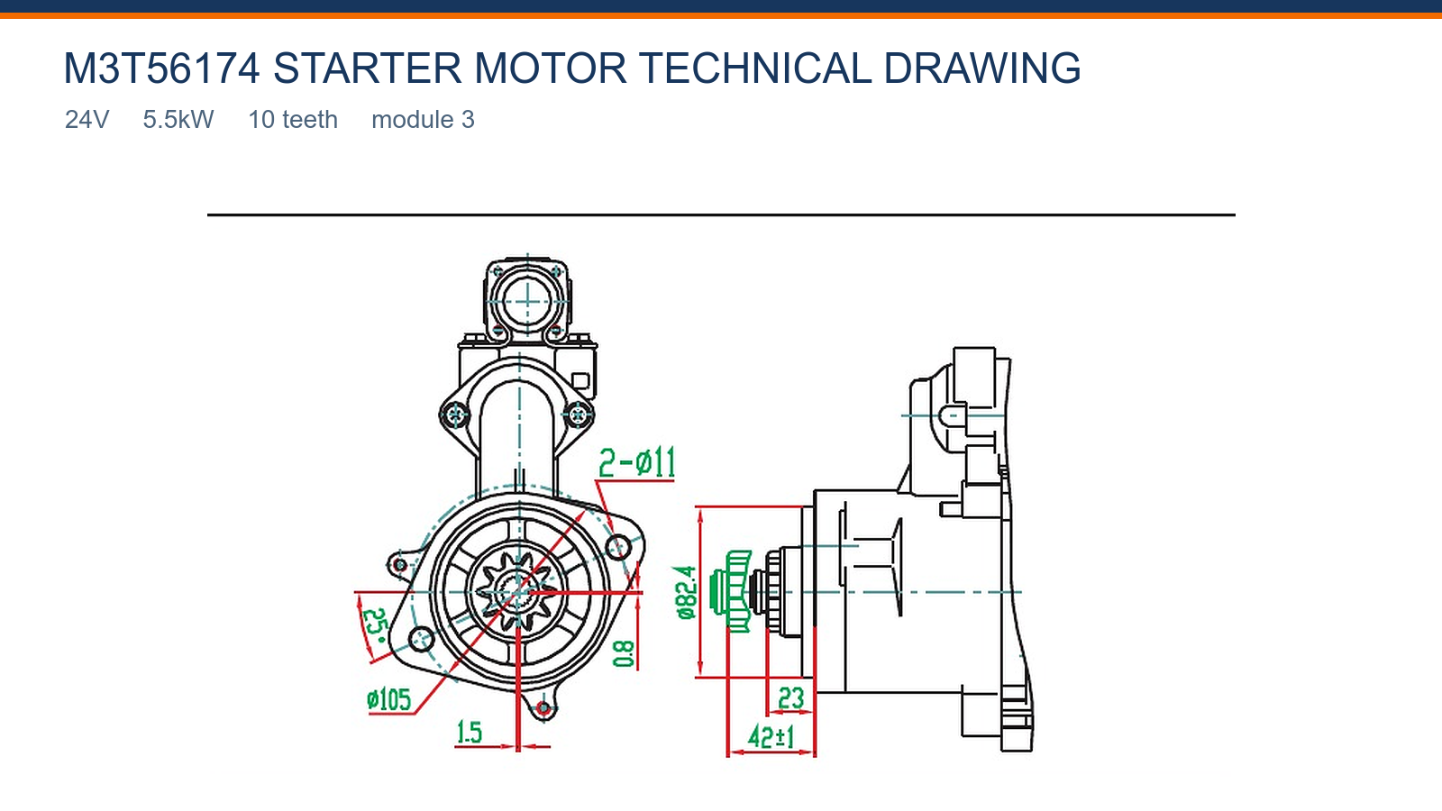 M3T56174 Caterpillar starter motor technical drawing 24V 5.5kW 10T
