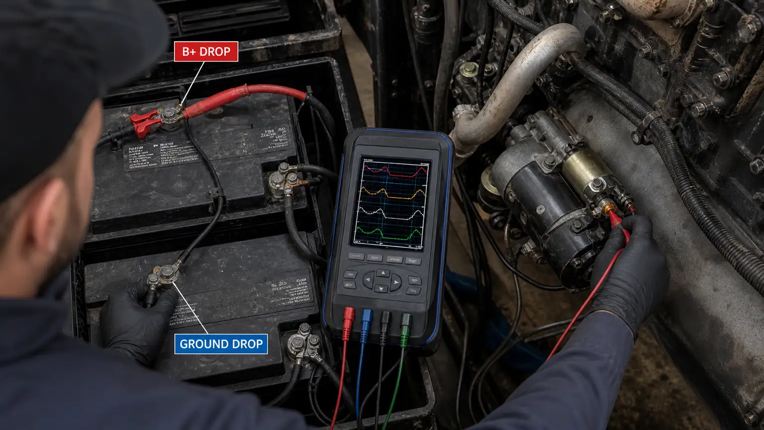 Positive and ground voltage-drop test on a heavy-truck starter circuit during cranking