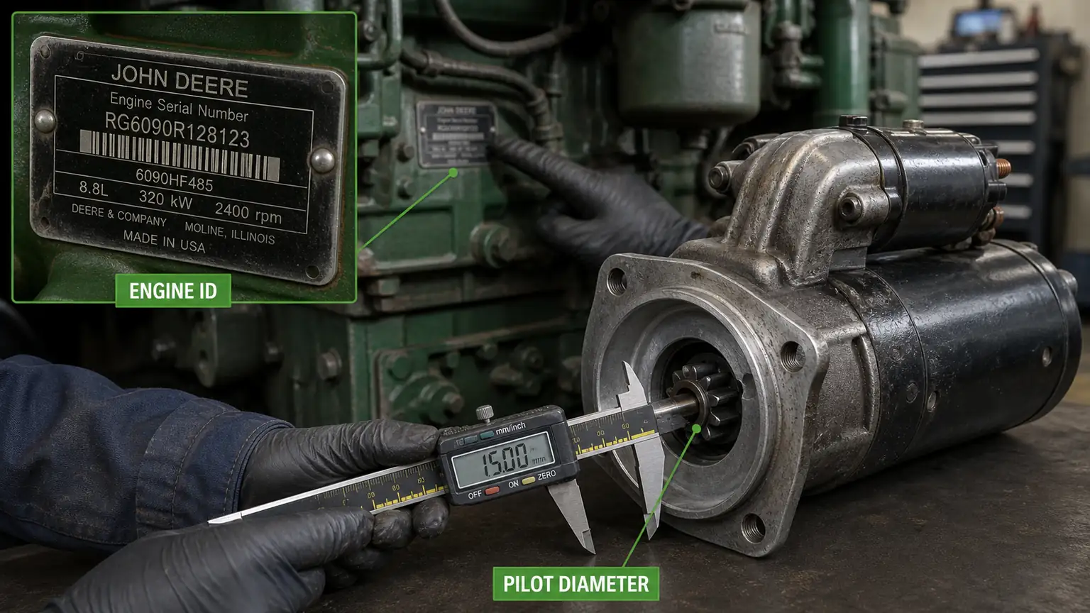 John Deere-type engine identification plate and heavy-duty starter pilot diameter measurement