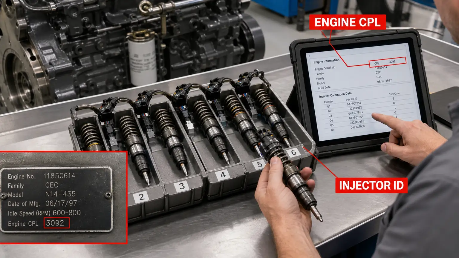 Cummins N14-type engine CPL record cross-checked with a numbered heavy-duty injector set