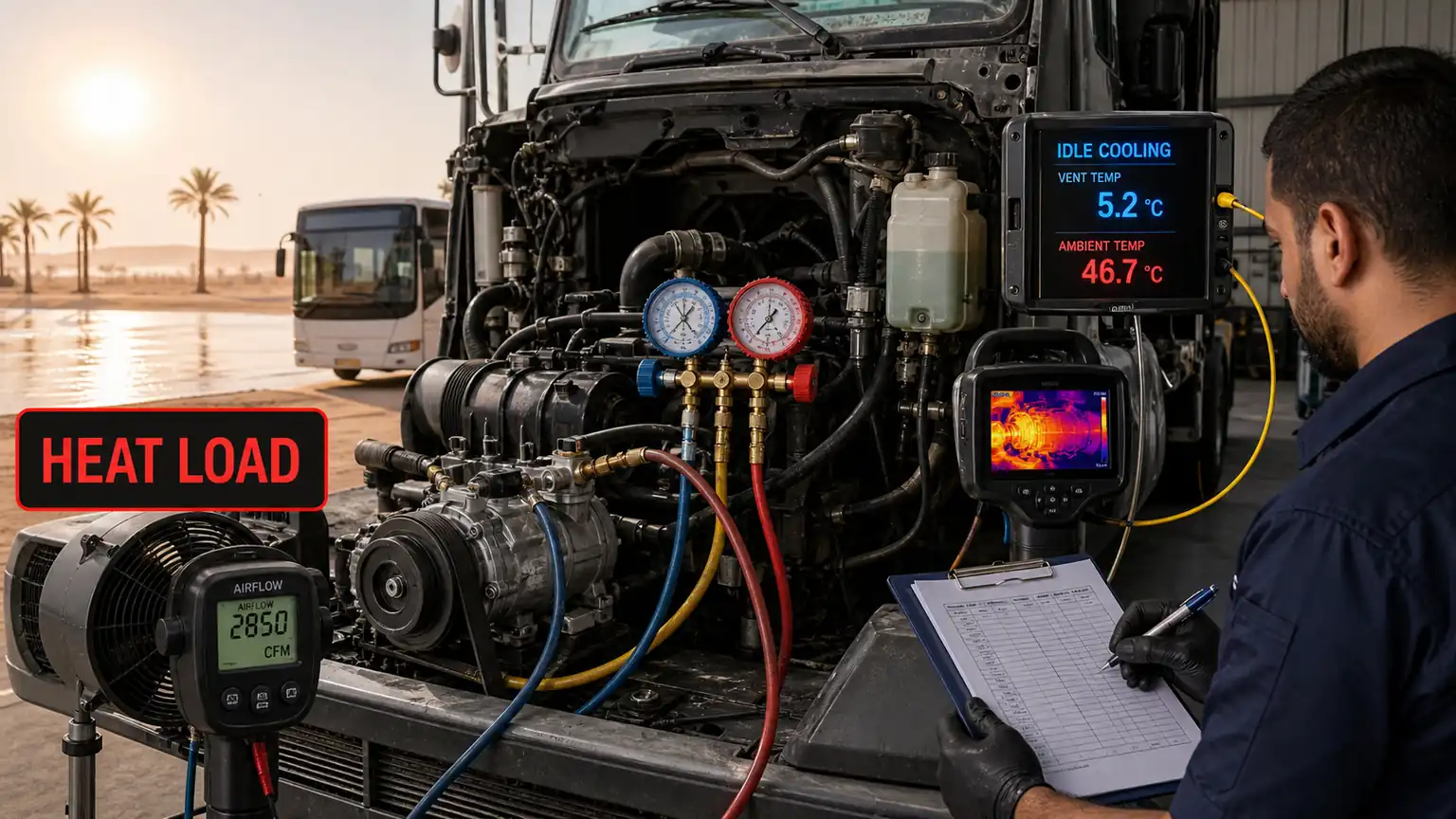 Heavy-duty A/C compressor idle-cooling and extreme-heat-load validation in the UAE
