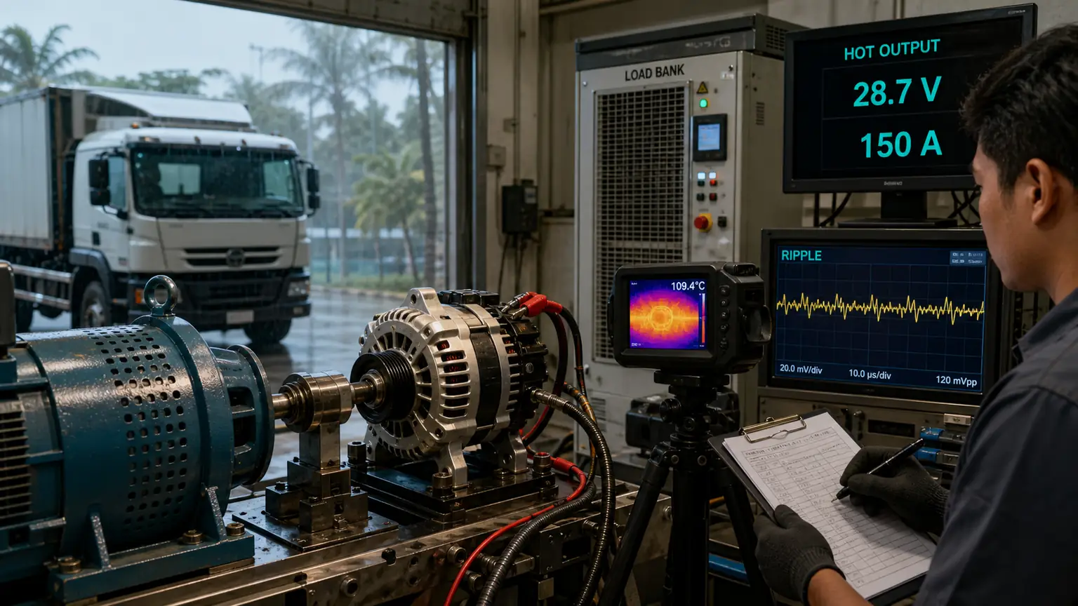 Heavy-duty alternator hot-output, diode-ripple, and thermal qualification for Malaysia