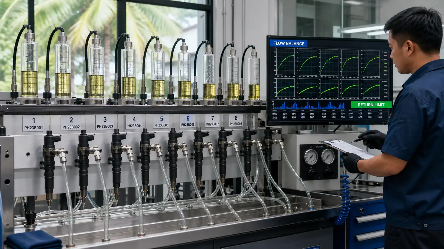 Heavy-duty diesel injector flow balance and return-limit qualification on a calibrated bench