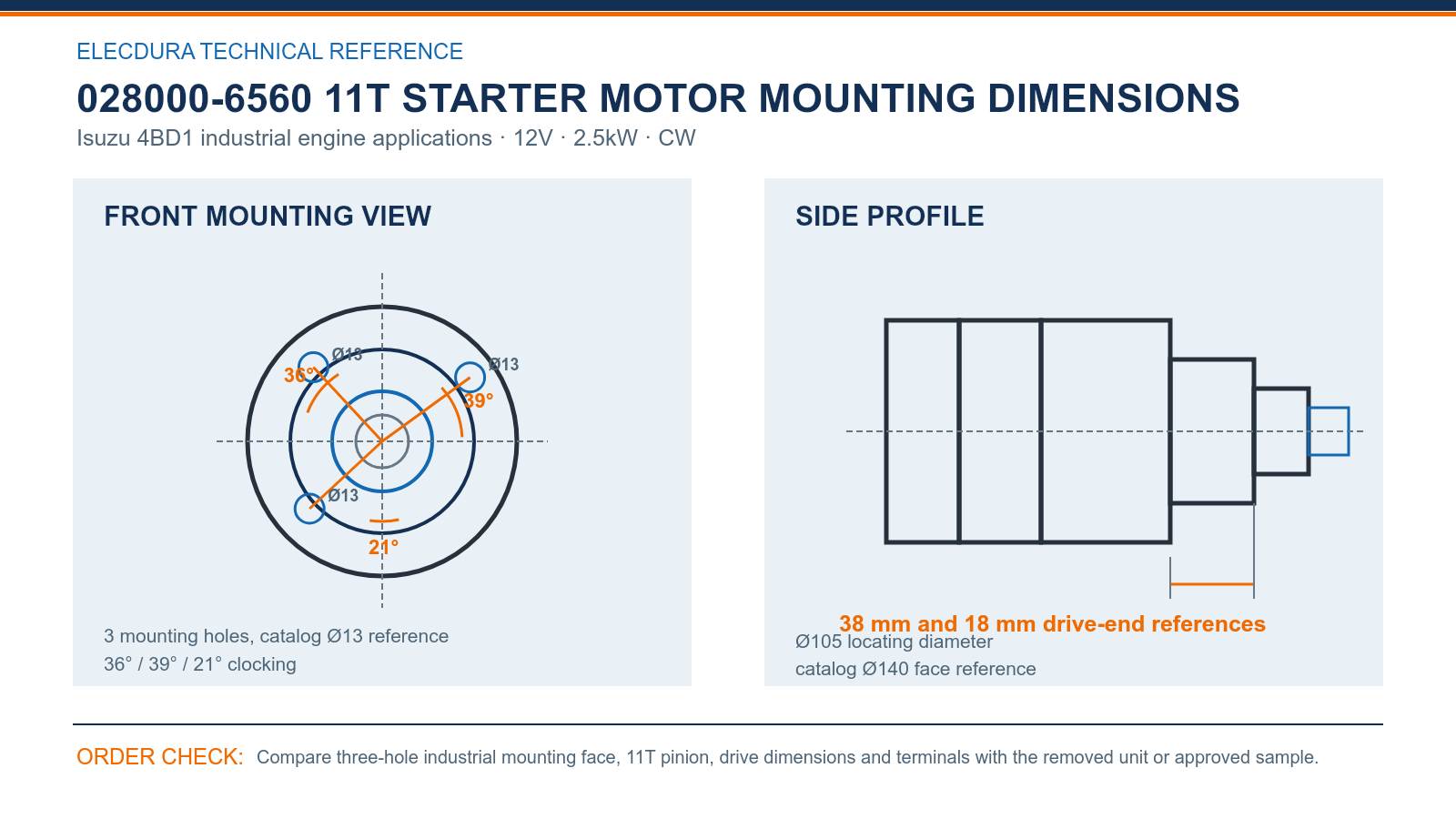 028000-6560 11T starter motor mounting dimensions for Isuzu 4BD1 industrial engine applications