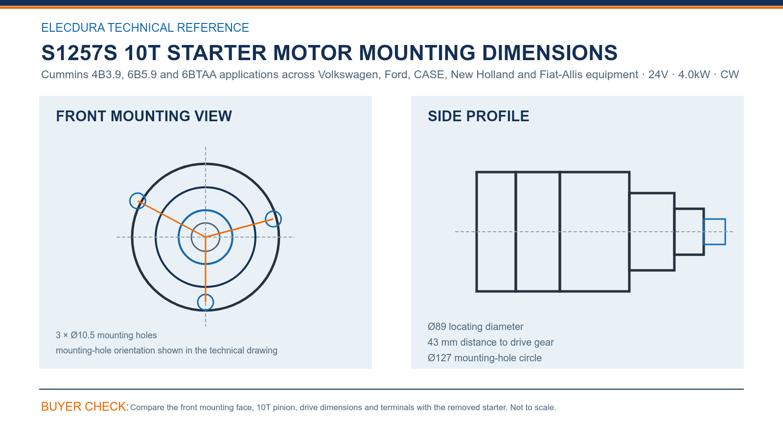 S1257S Cummins 4B3.9, 6B5.9 and 6BTAA cross-brand 24V 4.0kW 10T starter mounting dimensions